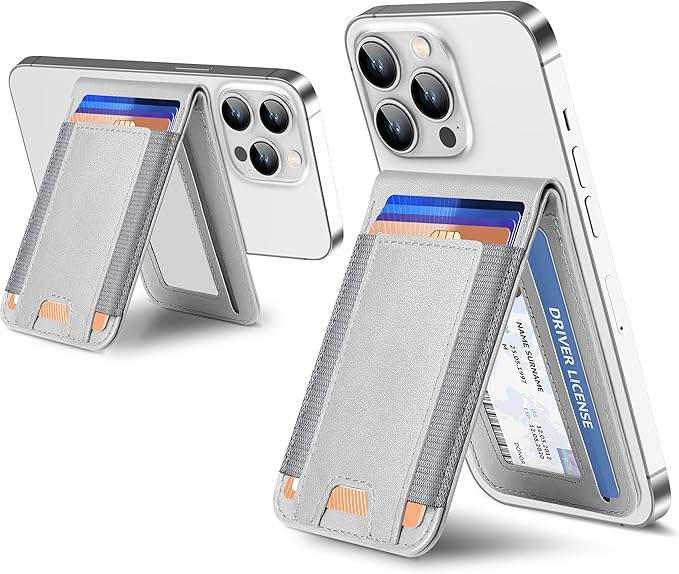 ExtreLife 2-in-1 Magsafe Wallet Adjustable Phone Stand Open ID Window Magnetic Wallet for iPhone 17/16/15/14 Pro Max/14 Pro/14/14 Plus/13/12 Series 9 Cards Holder Vegan Leather Gray