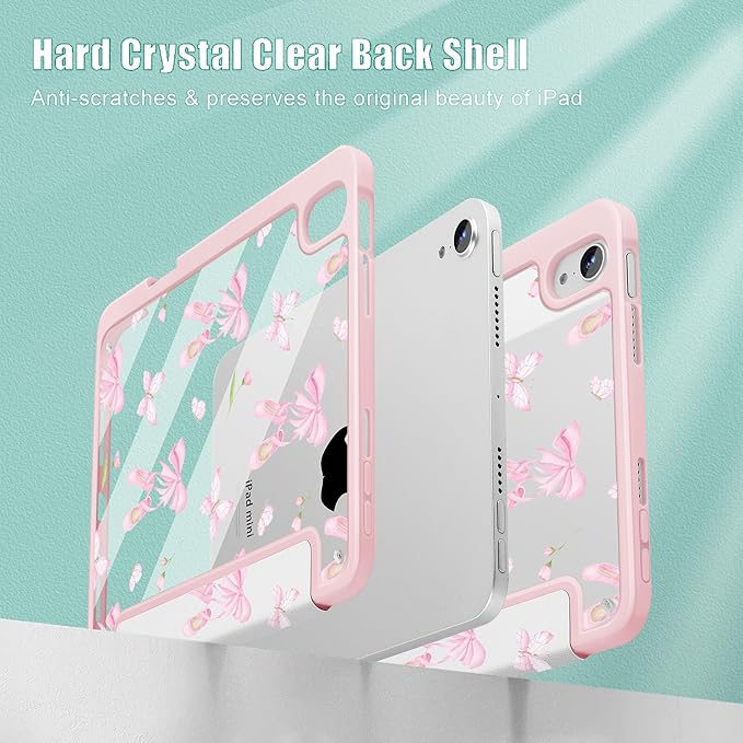 May Chen Slim Case for iPad mini 7 (A17 Pro 7th Generation) 2024 / iPad mini 6 (6th Gen) 8.3 Inch [Built-in Pencil Holder] Shockproof Cover Clear Clear Back Shell Auto Wake/Sleep Ballet Shoes