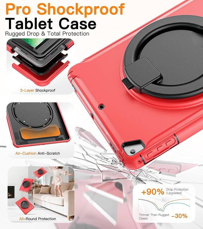 BATYUE Case for iPad 6th Generation 9.7 inch 2018 iPad 5th Gen 2017 iPad Air 2/ iPad Pro 9.7''Shockproof Protective Cover with Pencil Holder &ampRotating Kickstand for KidsBoysGirls Red