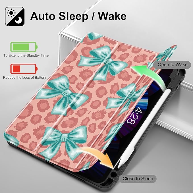 May Chen Case for iPad Pro 11 inch (4th 3rd 2nd &amp 1st Gen) 2022 2021 2020 2018Trifold Stand with Auto Wake/Sleep Soft TPU Protective Stand Back Cover Mint Green Bow
