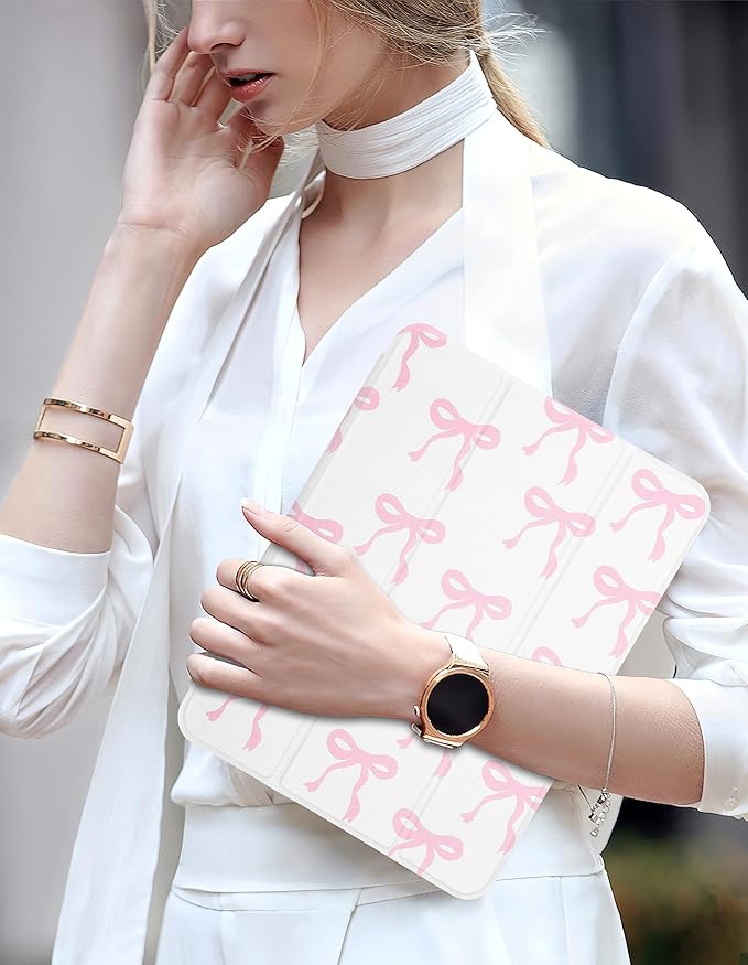 Compatible with iPad 11th (11-Inch A16 2025) iPad 10th (10.9-Inch 2022) Generation Case with Pencil Holder Cute Bow Aesthetic Design Soft TPU Trifold Stand Protective Pink