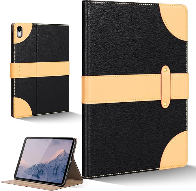 for iPad Air 11 Inch M3 M2 iPad Air 10.9 Inch Case 5th 4th GenLeather Folio Cover with Auto Wake/Sleep Adjustable StandMagnetic Buckle Closure Protection Case-Single Strap Black