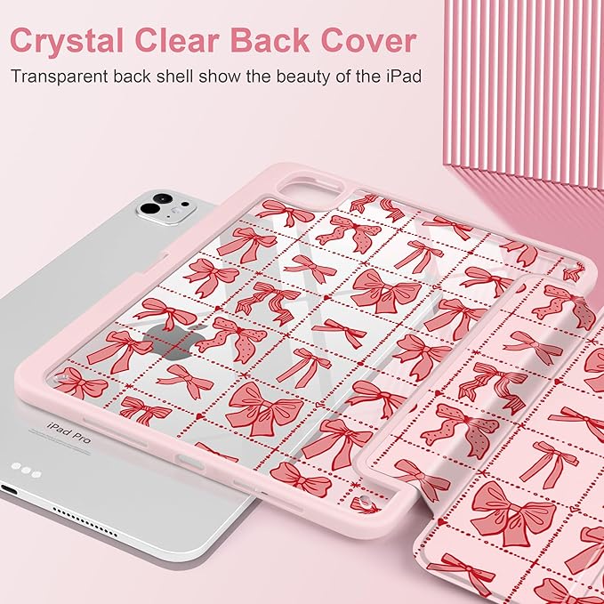 DONGKE for iPad Pro 11-Inch Case (M5 2025 / M4 2024) 6th/5th Generation [Auto Sleep/Wake &amp Pencil Pro Holder] Clear Acrylic Back Smart Trifold Stand Cover Bow Composition Book