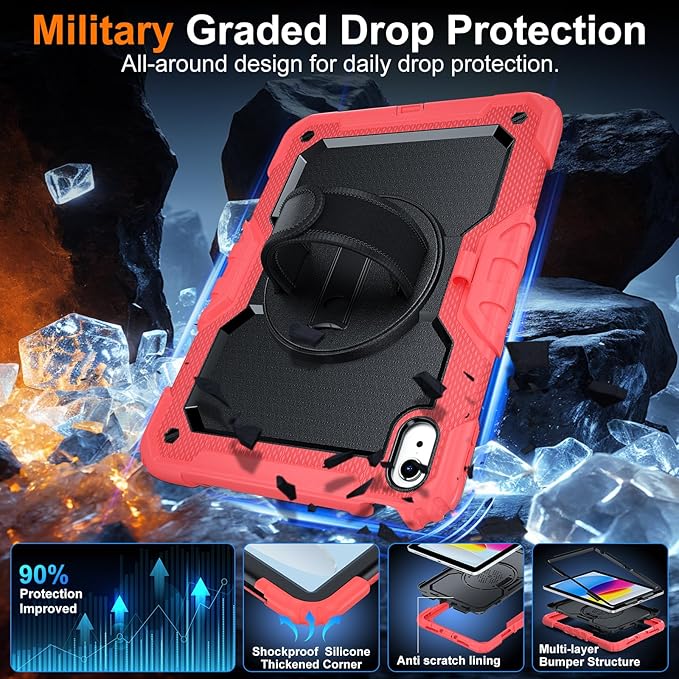 Case for iPad (A16) 11th Generation 11 Inch (2025) Ubearkk for iPad 10th Generation 10.9 inch 2022 case with Screen Protector 360 Degree Rotating Stand/Adjustable Shoulder Strap/Pencil Holder Red