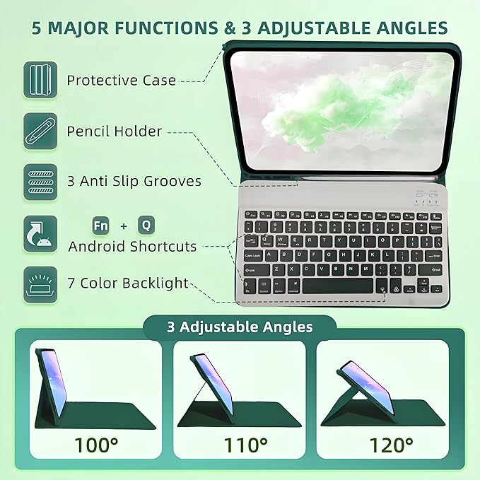 Keyboard Case for Amzaon Fire HD 10/10+ Plus (11/13th Generation) Case with Keyboard - 7 Colors Backlit Keyboard Protective Case and Mouse (Dark Green)