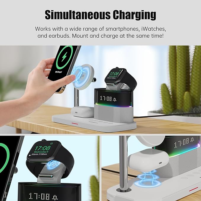 15W 5 in 1 Wireless Charging Station with Alarm Clock for Apple Magnetic Wireless Charger with Clock for iPhone 17/16/15/14/13/12 iWatch Ultra10/9/8/7/6 Pods