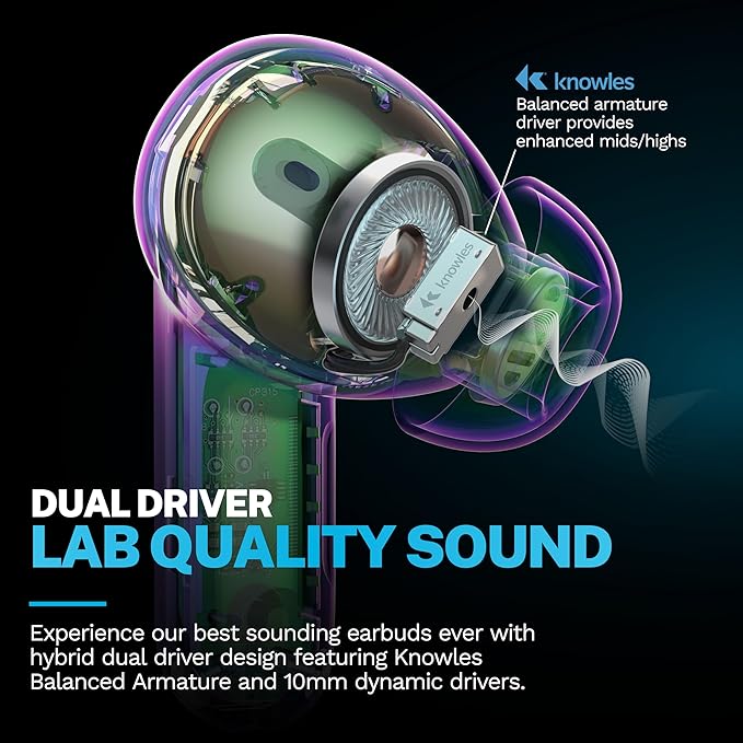 JLab Epic Pods ANC True Wireless Bluetooth Earbuds Hybrid Dual Driver System Knowles Balanced Armature Adaptive Noise Canceling 56+ Hours Playtime Custom Sound via App Wireless Charging Black