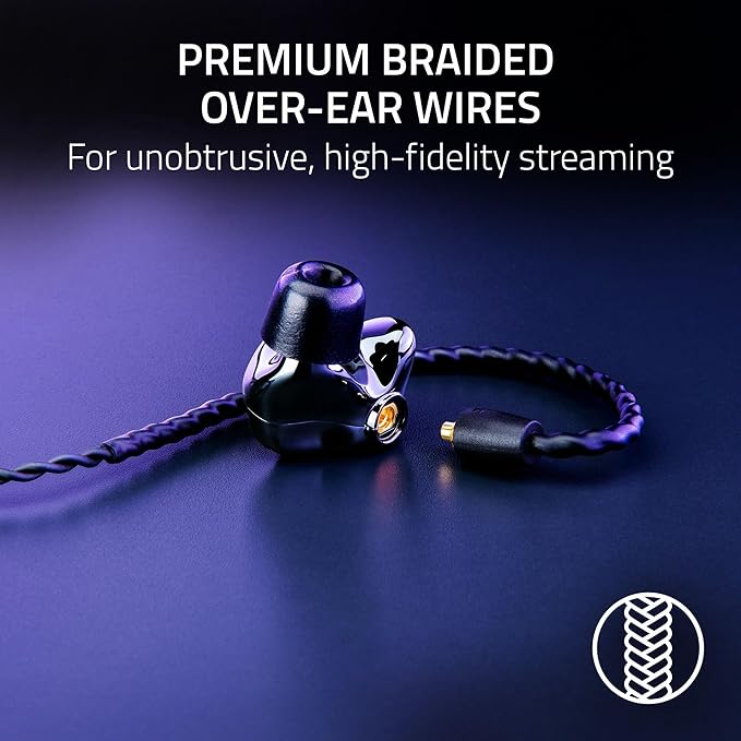 Razer Moray in-Ear Monitor for All-Day Streaming: Clear Full-Range Audio - Comfortable Fit - Low Profile Design - Sound Isolating Earbuds - Detachable Over-Ear Wire - Custom Ear Tips &amp Case - Bla
