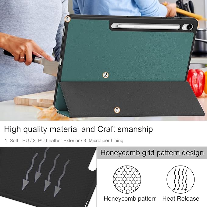 Case for Samsumg Galaxy Tab S10 FE+/S10 FE Plus 13.1 Inch 2025 (Model: SM-X620/SM-X626B) Trifold Stand Cover with S Pen Holder [Auto Wake/Sleep] PU Leather + Soft TPU Bumper Shell DarkGreen