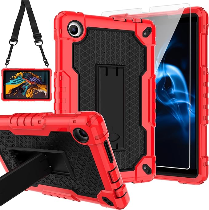for TCL Tab 8 V/TCL AT&ampT Tab 8 SE (6048E) Tablet Case with Screen ProtectorSoft Silicone Rubber Heavy Duty Hybrid Had Back Shell Protection Build in Kickstand (Red/Black/1 PC)