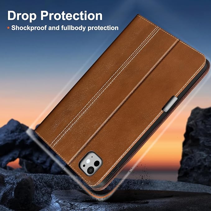 Gexmil Genuine Leather Case for iPad Pro 11 Inch (M5/M4) 2025/2024 with Pencil HolderProtective Shockproof Leather Smart Folio Cover Adjustable Stand Auto Sleep/Wake Anti-SlipYellow Brown