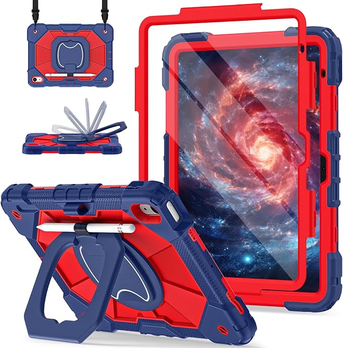 Case for iPad (A16) 11th Generation 11 Inch (2025) iPad 10th Generation Case 10.9 Inch (2022) Shockproof Cover with 360° Rotating Stand Screen Protector Pen Holder Shoulder Strap Navy Red