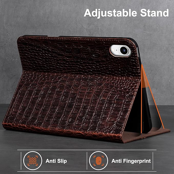 Gexmil Premium Leather Case for iPad mini 7 (A17 Pro) 2024 / iPad mini 6 Generation 2021 8.3 InchPencil Holder Magnetic ClosureShockproof Cowhide CoverAdjustable StandBrown Crocodile