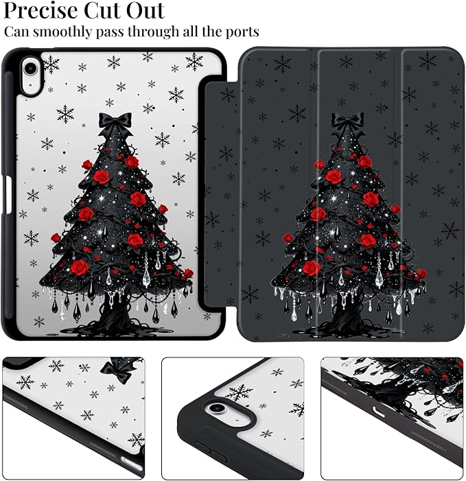 Y2k Printed Case for iPad mini 7th(A17 Pro) 2024 / Mini 6th Gen 8.3 2021 Gothic Rose Tree Clear Hard Back Hybrid Casewith Pencil Holder Trifold Stand Slim Cover for Women