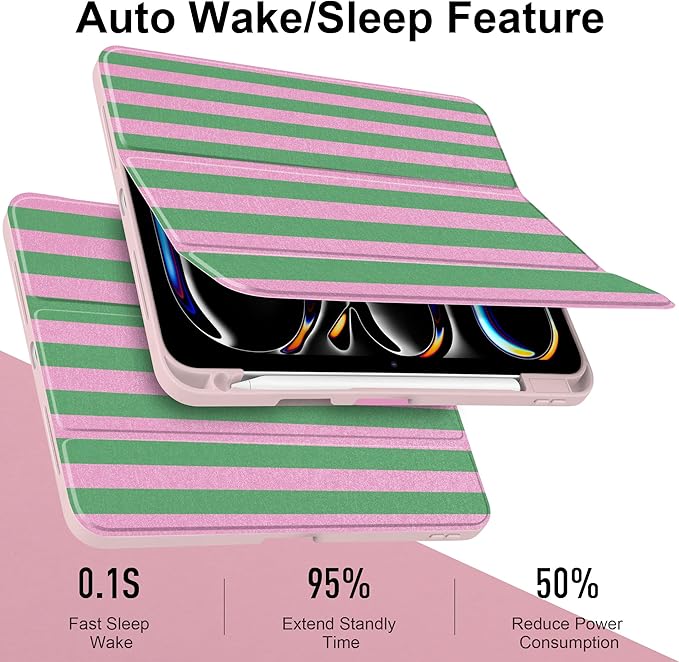 DONGKE for iPad Pro 11-Inch Case (M5 2025 / M4 2024) 6th/5th Generation [Auto Sleep/Wake &amp Pencil Pro Holder] Clear Acrylic Back Smart Trifold Stand Cover Green Stripes