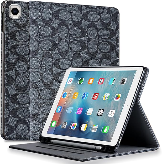 Designer Compatible with iPad 9.7-Inch case (6th/5th Generation 2018/2017) PU Leather with Pencil Holder Soft TPU Back CaseAuto Sleep/Wake Coverfor Women Girls Aesthetic-Black