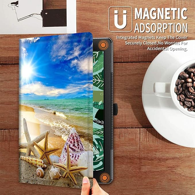 Case for All Amazon Kindle Fire 7 Tablet (9th/7th/5th Generation 2019/2017/2015 Version) Multi-Angle Anti Slide Folio Stand Smart Cover for Amazon Kindle Fire 7 inch - Beautiful Beach Seashells