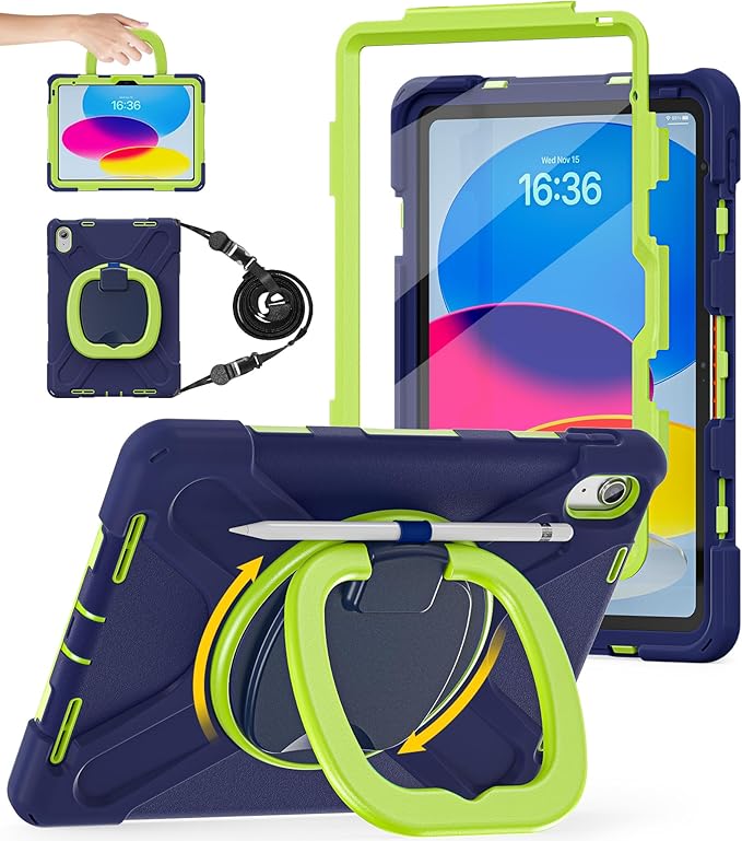 BATYUE Case for iPad (A16) 11th/10th Gen 11''/10.9'' 2025/2022 - Heavy Duty Shockproof Cover with 360° Rotating &amp 180° Folding Stand Screen Protector Shoulder Strap &amp Pencil Holder | NavyLim