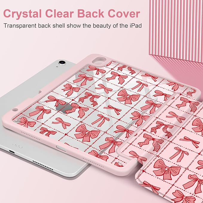 DONGKE Case for iPad Air 11-inch M4 2026 &amp M3 2025 &amp M2 2024 iPad Air 5th/4th Generation 10.9 2022/2020 [Built-in Pencil Holder] Clear Acrylic Back Trifold Stand Smart Cover Bow Compositio