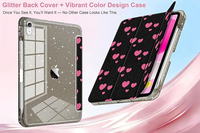 MEEgoodo Case for iPad A16 11th Generation 2025/10th Generation 2022 Glitter Tablet Cases with Transparent Acrylic Back+Trifold Stand +Pencil Holder+Auto Wake/SleepPink Hearts