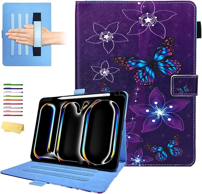 for iPad Pro 11 inch M4 Case 2024 (Model: A2836/A2837/A3006)with Stand/Hand Strap/Pencil Holder/Pockets [Auto Wake/Sleep] Magnetic Smart Slim Wallet Shockproof Cover Purple Flower Butterfly