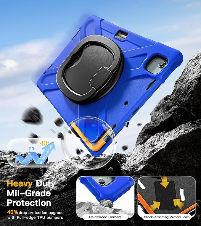 BRAECN for iPad Air 13 Inch Case M4 2026/M3 2025/M2 2024 iPad Pro 12.9 (6th/5th/4th/3rd Gen) Heavy Duty Shockproof Cover with Pencil Holder Rotating Handle Grip Kickstand Shoulder Strap Blue