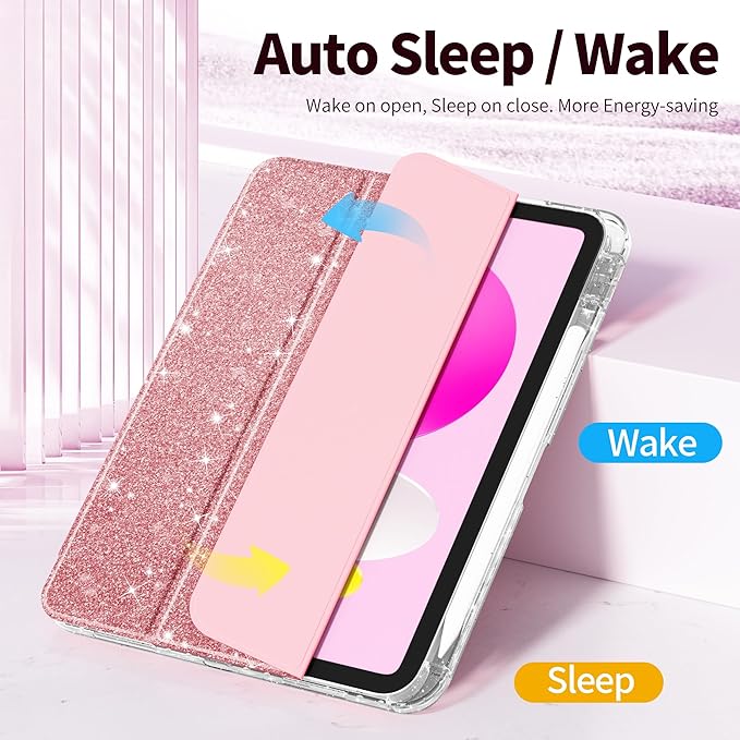 Tuiklol Sparkly Case for iPad (A16 Chip) 11th Gen 11 inch 2025 / iPad 10th Gen 10.9 inch 2022 Built in Pencil Holder with Glitter Clear Back Shell Cover Trifold Stand Auto Wake/Sleep Sparkly-Pink