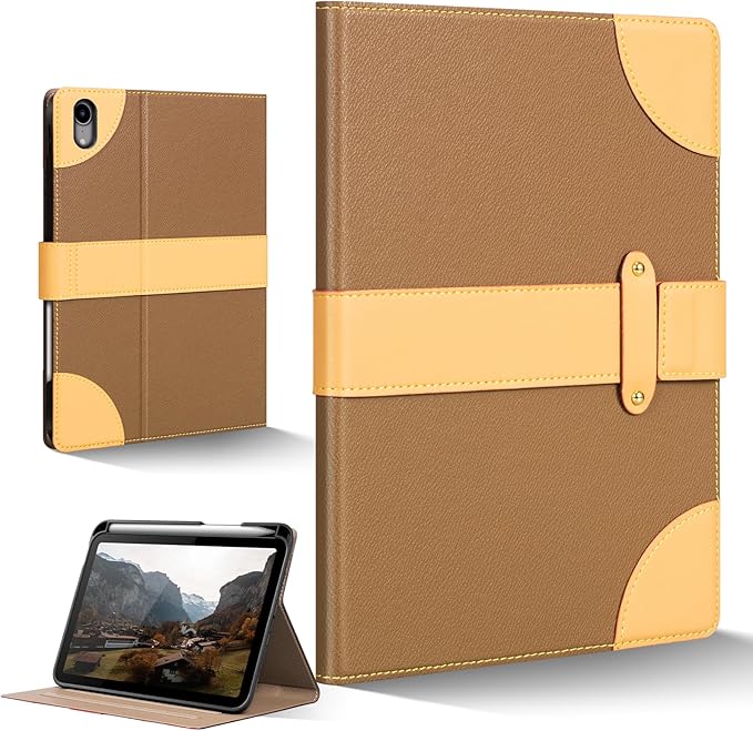 iPad Case for iPad mini 7th/6th Gen 8.3 inchLeather Folio Cover with Pencil HolderAuto Wake/Sleep Adjustable StandMagnetic Buckle Closure Protection Case-Single Strap Yellow Brown