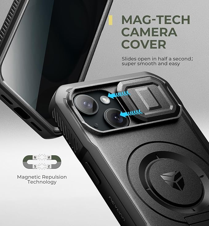 Dexnor for iPhone 15 Case with Slide Camera Cover &amp Adjustable Kickstand &amp Privacy Screen Protector Compatible with MagSafe Rugged Bumper Case Heavy-Duty Magnetic Protective Cover 6.1 InchBl