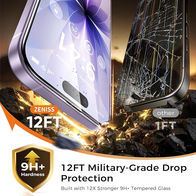 NeverBreak 9H+ Hardness for iPhone 17 Screen Protector 12FT Military Grade Protection (Scratch Shatter Drop Resistance) Tempered Glass Full Edge Coverage 6.3 2025 2 Pack with De-Bubble Card