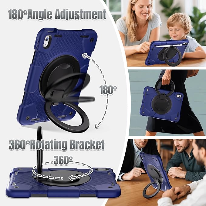 Case for iPad (A16) 11th /10th Generation 11/10.9 Inch 2025/2022 with Screen Protector/360° Rotate Stand/Shoulder Strap/Pencil Holder Shockproof iPad 11th/10th Gen Cover (Navy+Black)