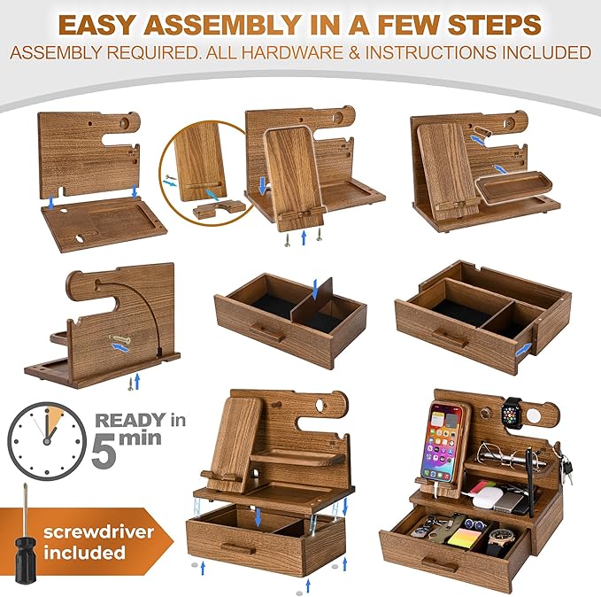 TESLYAR Wood Phone Docking Station with Drawer - Nightstand Organizer - Desk Organizer for Husband - Birthday Gifts for Men Dad Anniversary Idea Key Holder Stand Watch &amp Accessories (Earth Beig