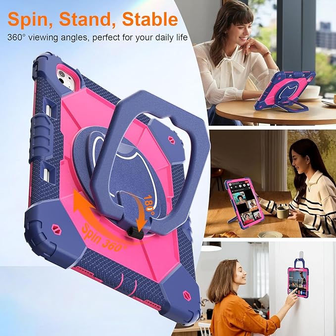 Case for iPad Pro 13 Inch M5 2025 / M4 2024 Auorld for iPad Pro 13 Inch M5 2025 with Screen Protector 360 Degree Rotating Stand Shoulder Strap Pencil Holder Navy Pink