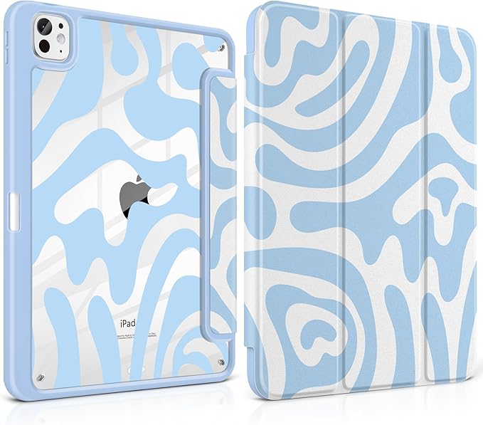 Case for iPad Pro 11 Inch (M5 2025 M4 2024) – [Built-in Pencil Holder] Shockproof &amp Stylish Clear Hard Back + Soft TPU Edge Magnetic Trifold Stand Auto Wake/Sleep Blue Wave