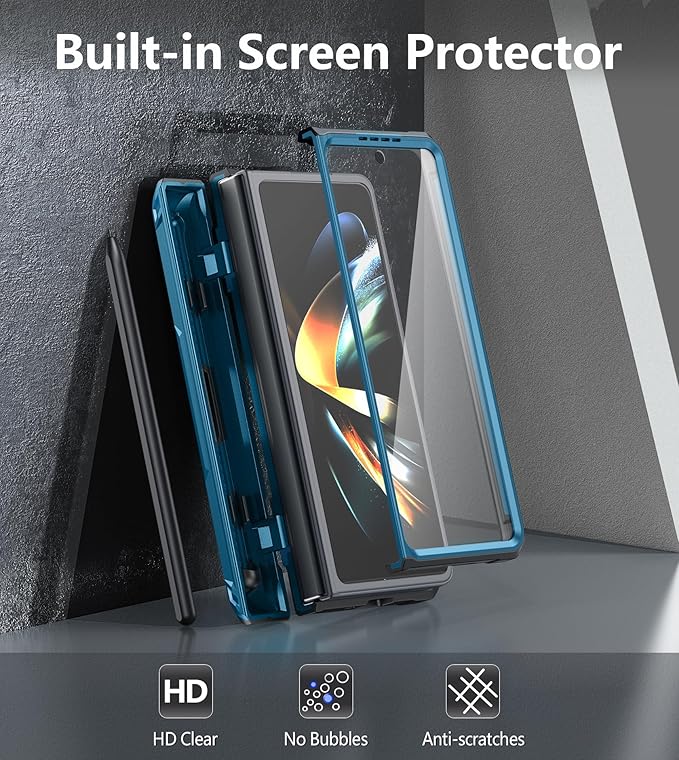 for Samsung Galaxy Z-Fold-4 Case: Military Grade Hinge Protection S-Pen Holder Heavy Duty Shockproof 360 Full-Body Protective Phone Cover with Kickstand for Galaxy ZFold 4 5G 2022 (Blue)