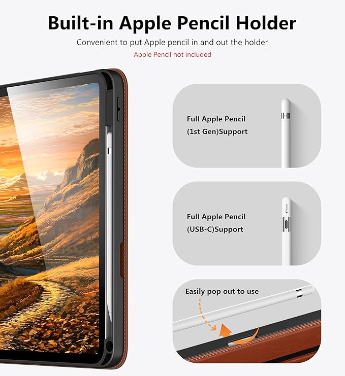 DTTO for iPad A16 Case iPad 11th / 10th Generation Case (2025/2022) 360 Degree Rotating Premium Leather Folio Stand Cover with Pencil Holder Brown
