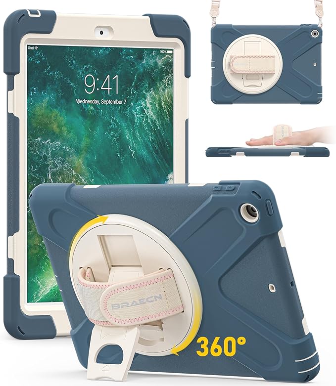 BRAECN Case for iPad 6th/5th Generation 9.7 inch 2018/2017 Protective Heavy Duty Shockproof Cover for Kids/Adults 360° Rotating Hand Strap/Stand &amp Detachable Shoulder Strap Cornflower Blue