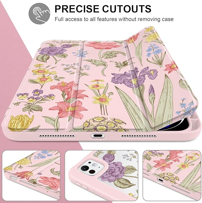 DONGKE for iPad Pro 11-Inch Case (M5 2025 / M4 2024) 6th/5th Generation [Auto Sleep/Wake &amp Pencil Pro Holder] Clear Acrylic Back Smart Trifold Stand Cover Pink Botanical Floral
