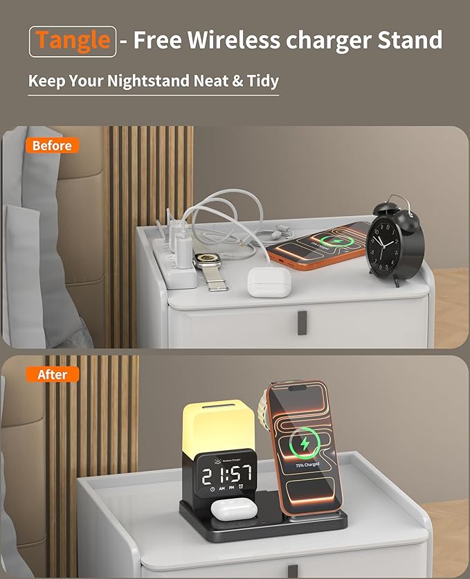 6-in-1 Wireless Charging Station Charger Stand for Apple Multiple Devices for iPhone 17 16 15 14 13 12 Pro Max Watch Airpods Wireless Charger iPhone Charging Station with Night Light/Alarm Clock