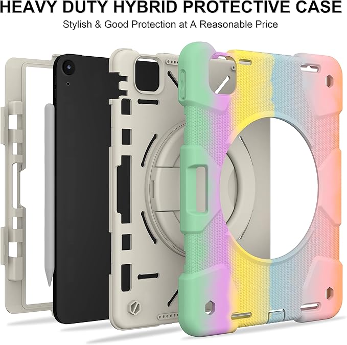 Case for iPad Air 11 inch Case M3 2025/ M2 2024 (Air 7th/6th Generation) Heavy Duty Shockproof Cover with Screen Protector 360° Rotating Stand Pencil Holder Shoulder Strap (Colorful Pink)