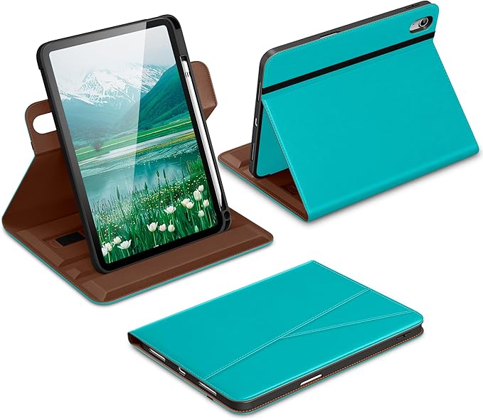 DTTO for iPad A16 Case iPad 11th / 10th Generation Case (2025/2022) 360 Degree Rotating Premium Leather Folio Stand Cover with Pencil Holder Cyan Blue