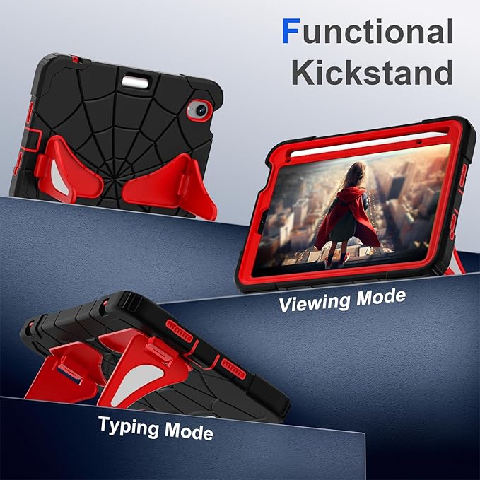 Kids Case for iPad mini 7 A17 Pro 2024/ Mini 6 8.3 inch Spider Case for iPad mini 7th 6th Generation Shockproof Durable Full Protective Cover with Pencil Holder Kickstand (Black+Red)