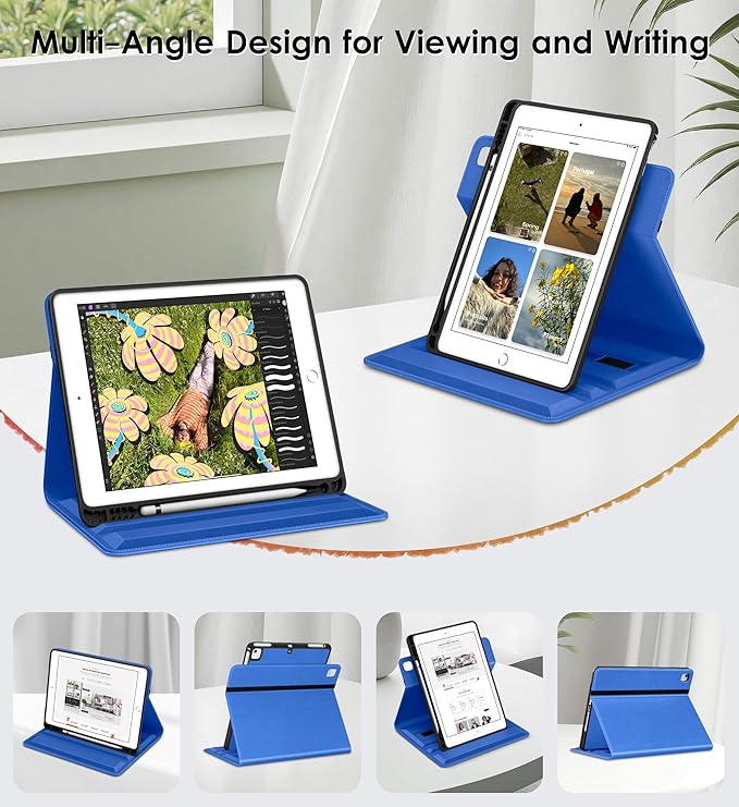 DTTO for iPad 6th / 5th Generation 9.7 Inch (2018/2017) iPad Air 2 / Air 1 Case 360 Degree Rotating Premium Leather Folio Stand Cover with Pencil Holder Royal Blue