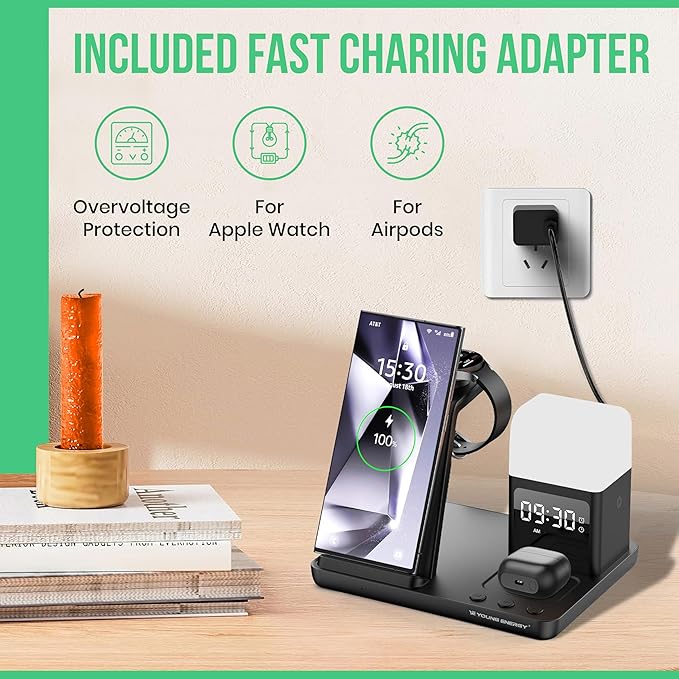 Wireless Charger 6 in 1 Wireless Charging Station for Cell Phone Wireless iPhone 15/14/13/12/11/X/8 Samsung Galaxy S23–S8 Pixel Apple Watch Series 2–9/SE/Ultra AirPods Pro – Fast Qi Charger