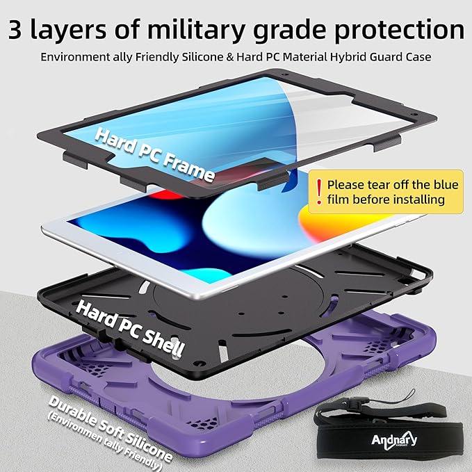 Case for iPad 9th/8th/7th Generation 10.2 inch Shockproof Cover with Screen Protector/360° Rotate Stand/Pencil Holder/Shoulder Strap Kids Case for iPad 2021/2020/2019 (Deep Purple+Black)