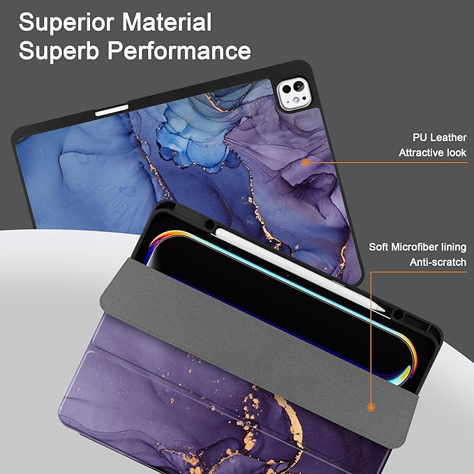 DONGKE Case for iPad Pro 13 inch (M5 2025 / M4 2024) – [Built-in Pencil Holder] Ultra Slim PU Leather Trifold Stand Cover with Soft TPU Back Auto Wake/Sleep - Abstract Marble