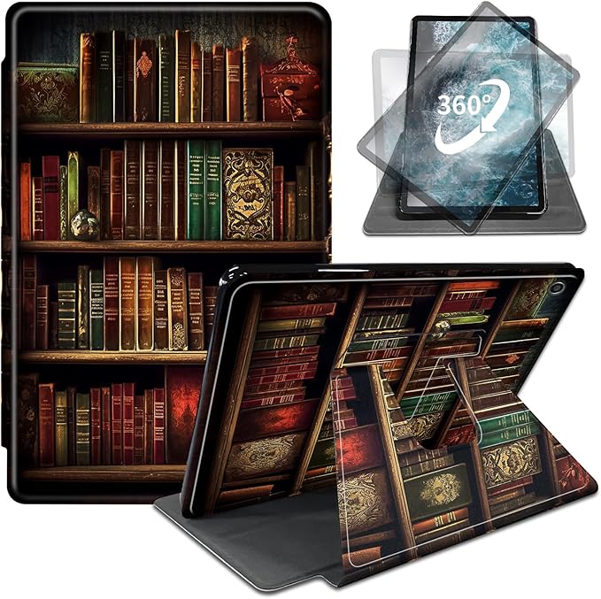 Case for All-New Amazon Fire HD 10 Tablet (13th Generation 2023 Release)360 Degree Rotating Swivel Stand PU Leather Cover with Auto Wake SleepVintage Bookshelf