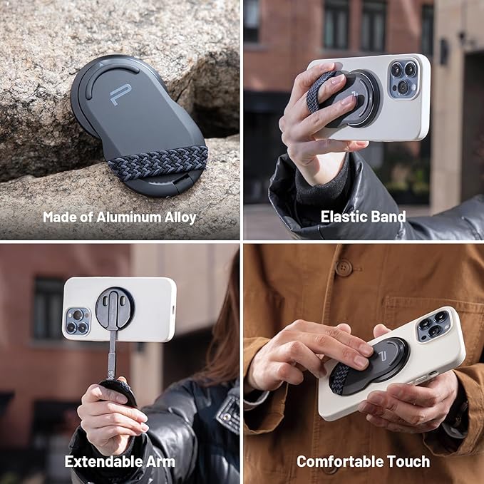 PGYTECH MagFlex Phone Stand N52 Aluminum Alloy Magsafe Phone Photography Grip Fit for iPhone 17/16/15/14 Series with Magnetic Ring for Android