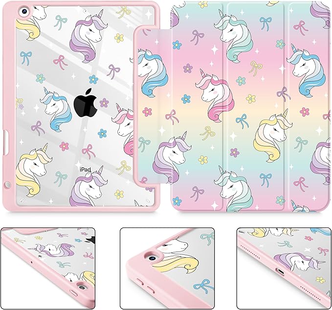 for iPad 9th Generation with Pencil Holder iPad 8th/7th Gen Case 10.2-inch [Built in Pencil Holder] Trifold Stand Auto Wake/Sleep Clear TPU Protection Back Cover Rainbow Unicorn