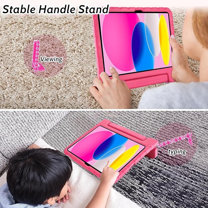 Dteck Kids Case for iPad 10th Generation 10.9 2022 With Pencil Holder Shockproof Rugged Lightweight EVA Handle Stand Child Proof for 10.9 Inch iPad 10th Gen Rose